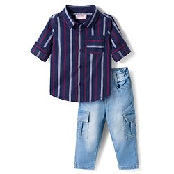 Babyhug Cotton Denim Full Sleeves Striped Shirt & Jeans Pant Set - Blue