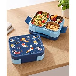 Babyhug 3 Compartment Insulated Lunch Box- Space Theme Navy Blue| 450 ml + 200 ml + 200 ml| BPA Free| Food Grade| Individual Air Tight Lids| School Lunch & Snack Box| Perfect for Travel - Blue