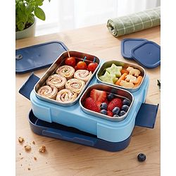 Babyhug 3 Compartment Insulated Lunch Box- Space Theme Navy Blue| 450 ml + 200 ml + 200 ml| BPA Free| Food Grade| Individual Air Tight Lids| School Lunch & Snack Box| Perfect for Travel - Blue