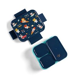 Babyhug 3 Compartment Insulated Lunch Box- Space Theme Navy Blue| 450 ml + 200 ml + 200 ml| BPA Free| Food Grade| Individual Air Tight Lids| School Lunch & Snack Box| Perfect for Travel - Blue