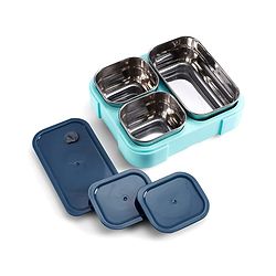 Babyhug 3 Compartment Insulated Lunch Box- Space Theme Navy Blue| 450 ml + 200 ml + 200 ml| BPA Free| Food Grade| Individual Air Tight Lids| School Lunch & Snack Box| Perfect for Travel - Blue