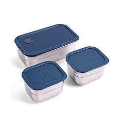 Babyhug 3 Compartment Insulated Lunch Box- Space Theme Navy Blue| 450 ml + 200 ml + 200 ml| BPA Free| Food Grade| Individual Air Tight Lids| School Lunch & Snack Box| Perfect for Travel - Blue