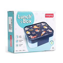 Babyhug 3 Compartment Insulated Lunch Box- Space Theme Navy Blue| 450 ml + 200 ml + 200 ml| BPA Free| Food Grade| Individual Air Tight Lids| School Lunch & Snack Box| Perfect for Travel - Blue