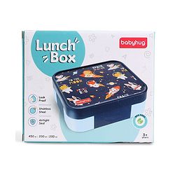 Babyhug 3 Compartment Insulated Lunch Box- Space Theme Navy Blue| 450 ml + 200 ml + 200 ml| BPA Free| Food Grade| Individual Air Tight Lids| School Lunch & Snack Box| Perfect for Travel - Blue