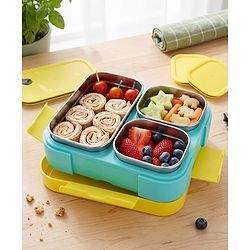 Babyhug 3 Compartment Insulated Lunch Box- Space Theme Navy Blue| 450 ml + 200 ml + 200 ml| BPA Free| Food Grade| Individual Air Tight Lids| School Lunch & Snack Box| Perfect for Travel - Blue