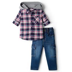 Babyhug Cotton Woven Full Sleeves Checkered Shirt & Denim Jeans Set with Detachable Hood - Multicolor