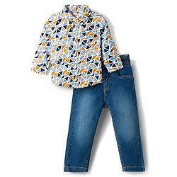 Babyhug Cotton Woven Full Sleeves Printed Shirt & Jeans Set - Multicolour & Blue