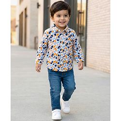 Babyhug Cotton Woven Full Sleeves Printed Shirt & Jeans Set - Multicolour & Blue