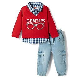 Babyhug Single Jersey Knit Full Sleeves Checkered Polo T-Shirt & Jeans Set with Genius Print - Red & Blue
