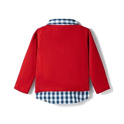 Babyhug Single Jersey Knit Full Sleeves Checkered Polo T-Shirt & Jeans Set with Genius Print - Red & Blue