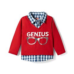 Babyhug Single Jersey Knit Full Sleeves Checkered Polo T-Shirt & Jeans Set with Genius Print - Red & Blue