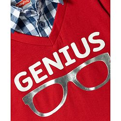Babyhug Single Jersey Knit Full Sleeves Checkered Polo T-Shirt & Jeans Set with Genius Print - Red & Blue