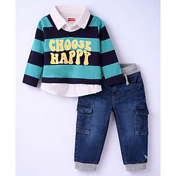 Babyhug Single Jersey Knit Full Sleeves Striped Twofer T-Shirt & Denim Jeans Set - Multicolor