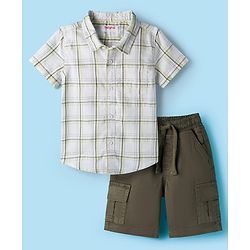 Babyhug Cotton Woven Half Sleeves Checkered Shirt & Shorts Set - Olive Green
