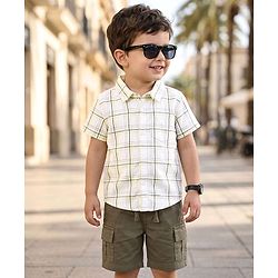 Babyhug Cotton Woven Half Sleeves Checkered Shirt & Shorts Set - Olive Green