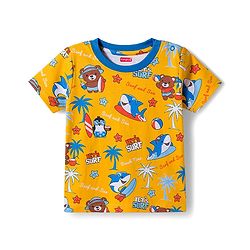 Babyhug Cotton Knit Half Sleeves T-Shirt with Beach Theme Print - Yellow