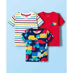 Babyhug Cotton Knit Half Sleeves Striped & Vehicle Printed T-Shirts Pack of 3 - Navy Blue Red & White