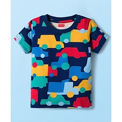 Babyhug Cotton Knit Half Sleeves Striped & Vehicle Printed T-Shirts Pack of 3 - Navy Blue Red & White