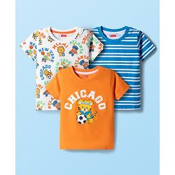 Babyhug Cotton Knit Half Sleeves Striped & Animal Printed T-Shirts Pack of 3 - Orange Blue & White