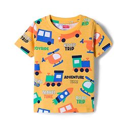 Babyhug Cotton Knit Half Sleeves T-Shirts with Vehicle Print & Stripes Pack of 3 - Red Yellow & Blue