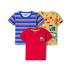 Babyhug Cotton Knit Half Sleeves T-Shirts with Vehicle Print & Stripes Pack of 3 - Red Yellow & Blue