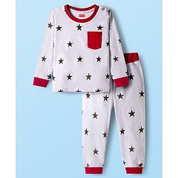 Babyhug Cotton Knit Full Sleeves Co-ord Night Suit With Star Print - White