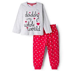 Babyhug Cotton Knit Full Sleeves Night Suit With Heart Print - White & Red