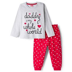 Babyhug Cotton Knit Full Sleeves Night Suit With Heart Print - White & Red