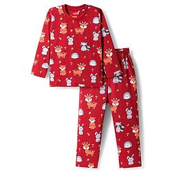 Babyhug Cotton Knit Full Sleeves Co-ords Night Suit With Animal Print - Maroon