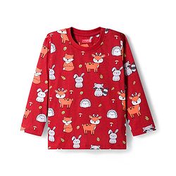 Babyhug Cotton Knit Full Sleeves Co-ords Night Suit With Animal Print - Maroon