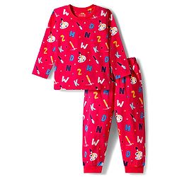 Babyhug Cotton Knit Full Sleeves Co-ord Night Suit With Painting Print - Red