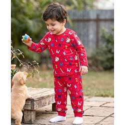 Babyhug Cotton Knit Full Sleeves Co-ord Night Suit With Painting Print - Red
