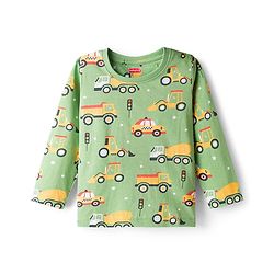 Babyhug Cotton Knit Full Sleeves Co-Ord Night Suit with Vehicle Print - Green