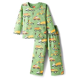 Babyhug Cotton Knit Full Sleeves Co-Ord Night Suit with Vehicle Print - Green