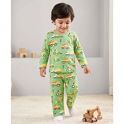 Babyhug Cotton Knit Full Sleeves Co-Ord Night Suit with Vehicle Print - Green