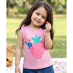 Babyhug Cotton Knit Sleeveless Top With Strawberry Print - Pink