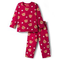 Babyhug 100% Cotton Knit Full Sleeves Co-ord Night Suit With Teddy Bear Print - Maroon