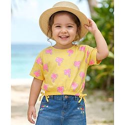 Babyhug Cotton Knit Half Sleeves Top With Tree Print - Yellow