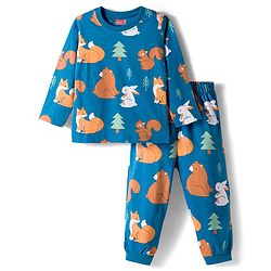 Babyhug Cotton Knit Full Sleeves Co-ords Night Suit With Animal Print - Blue