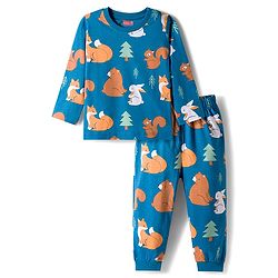 Babyhug Cotton Knit Full Sleeves Co-ords Night Suit With Animal Print - Blue