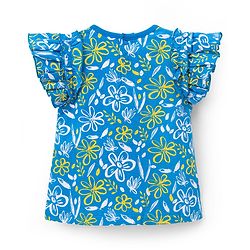 Babyhug Cotton Knit Frill Sleeves Top with Floral Print - Blue
