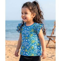 Babyhug Cotton Knit Frill Sleeves Top with Floral Print - Blue
