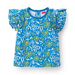 Babyhug Cotton Knit Frill Sleeves Top with Floral Print - Blue