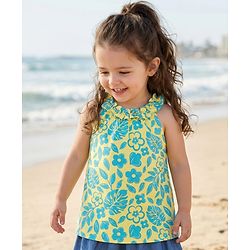 Babyhug Cotton Knit Sleeveless Top with Floral Print - Yellow