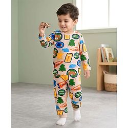 Babyhug Cotton Knit Full Sleeves Printed Co-ord Night Suit - Grey