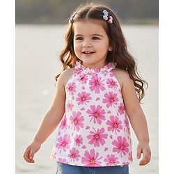 Babyhug Cotton Knit Sleeveless Top With Floral Print - White