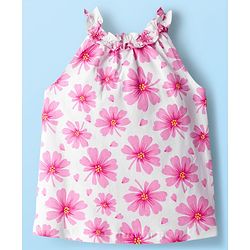 Babyhug Cotton Knit Sleeveless Top With Floral Print - White
