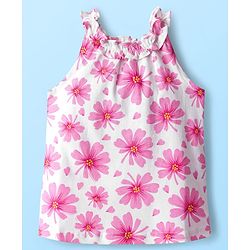 Babyhug Cotton Knit Sleeveless Top With Floral Print - White