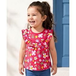 Babyhug Cotton Knit Sleeveless Top With Floral Print - Red
