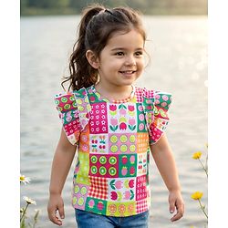 Babyhug Cotton Knit Frill Sleeves Top with Tropical Theme Print - Multicolor